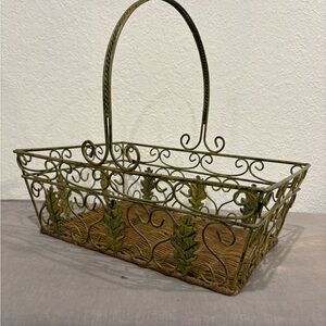 Vintage Cottagecore Gold Oak Leaf Basket - Woven Rattan Tote with Handle - 12.5"